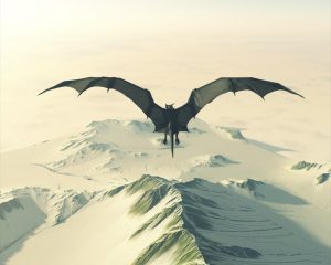 Fantasy illustration of a grey dragon flying over a snow covered mountain range, 3d digitally rendered illustration